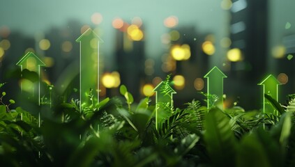 green arrows pointing upwards in front of city skyline, green plants and bokeh background Generative AI