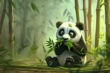 A Panda Eating Bamboo in a Bamboo Forest