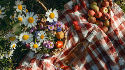 A flat lay capturing the essence of a summer picnic with a checkered blanket a basket of fresh fruits a bottle of rosé and a bouquet of wildflowers.