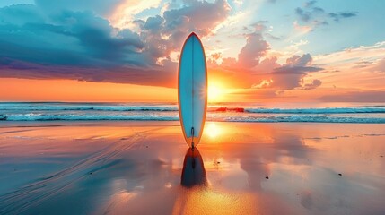 A surfboard sitting on top of a sandy beach. - obrazy, fototapety, plakaty
