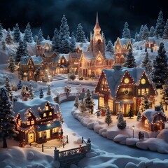 Miniature of Christmas town in the snow. 3d rendering. - obrazy, fototapety, plakaty