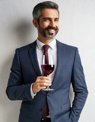 man in suit smiling and holding glass of red wine