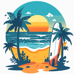 A beach scene with a surfboard and a palm tree. The sky is orange and the sun is setting