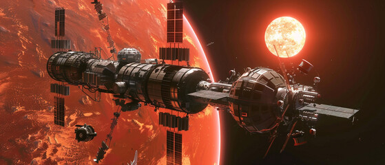 A futuristic space station peacefully orbits a glowing red dwarf star in the vast cosmos. - obrazy, fototapety, plakaty