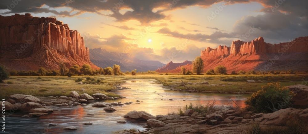 Poster a stunning painting of a river winding through a canyon under a colorful sunset sky, with fluffy clo