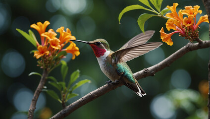 Hummingbird close flying view with flowers