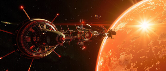A futuristic space station orbits a red dwarf star in a beautifully rendered digital illustration.