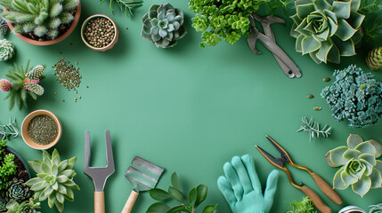 A gardening-themed summer flat lay with gardening tools gloves seeds and a variety of succulents on a green background. - obrazy, fototapety, plakaty