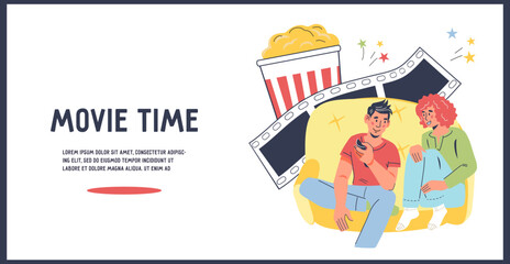 Movie time, showtimes and cinema banner template, flat vector illustration isolated on background. Banner for TV and film options for next movie night.