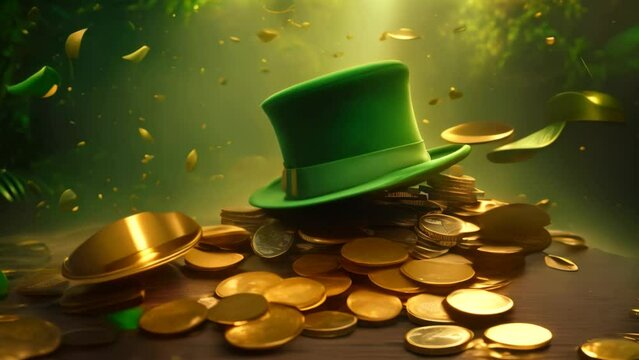 Green Top Hat on Pile of Coins - Wealth and Luck Symbolized in a Singular Image, St, Patrick's Day background with a leprechaun hat and gold coins, AI Generated