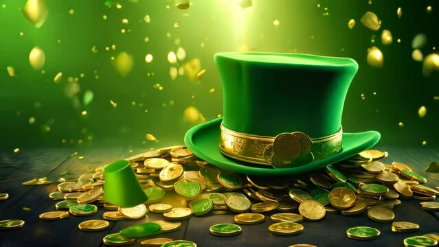 A vibrant green top hat rests atop a stack of gleaming coins, creating a striking image of wealth and style, St, Patrick's Day background with a leprechaun hat and gold coins, AI Generated