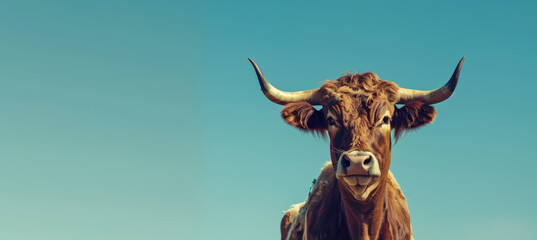 Cow, Brown Fur and Horns Against Blue Sky - obrazy, fototapety, plakaty