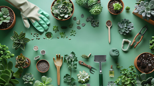 A gardening-themed summer flat lay with gardening tools gloves seeds and a variety of succulents on a green background.
