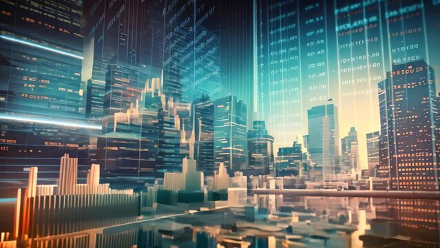 A stunning view of a cityscape featuring tall skyscrapers and buildings as the backdrop, stock market graph, wall street and financial background, AI Generated