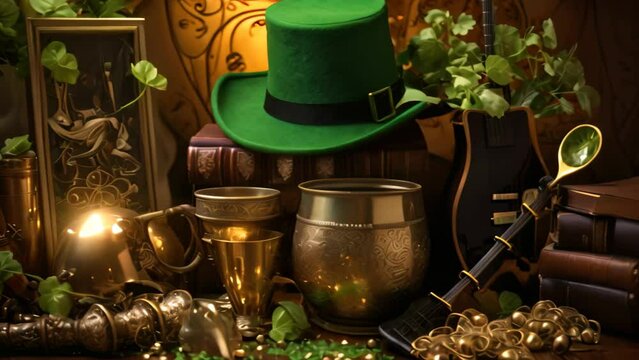 Green Top Hat and Other Items on a Table, St, Patrick's Day composition with green beer, shamrock, leprechaun hat, horseshoe, and musical instruments on a brown background, AI Generated