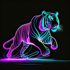 Neon outline of a moving tiger - obrazy, fototapety, plakaty