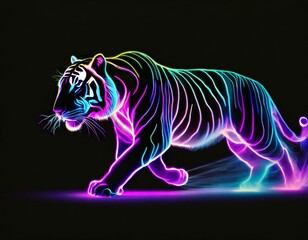 Neon outline of a moving tiger