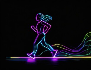 Neonowy rysunek biegnącej kobiety - obrazy, fototapety, plakaty