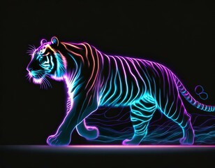 Neonowy zarys poruszającego się tygrysa - obrazy, fototapety, plakaty