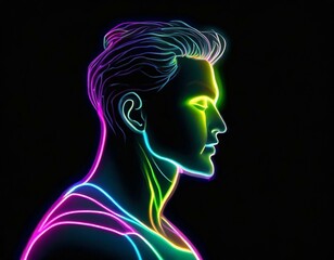 Neonowy zarys twarzy mężczyzny na czarnym tle - obrazy, fototapety, plakaty
