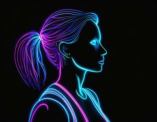 Neonowy zarys twarzy kobiety na czarnym tle