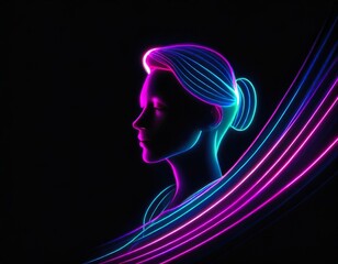 Neonowy zarys twarzy kobiety na czarnym tle