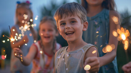 A group of children playing with sparklers during a 4th of July evening celebration. - obrazy, fototapety, plakaty