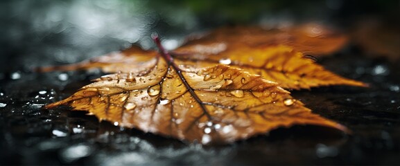 autumn leaves on a wet road after rain.