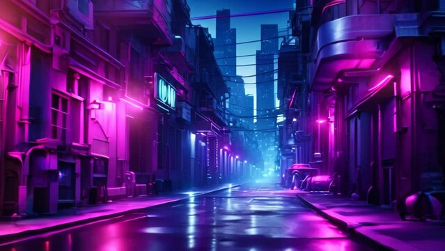 This photo captures a lively city street at night, dazzling with colorful neon lights, Street in cyberpunk dystopian city at night, dark alley in neon lights, AI Generated