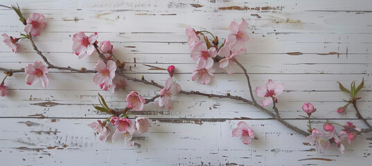 Rustic Elegance, Cherry Blossom Harmony on White Wooden Background