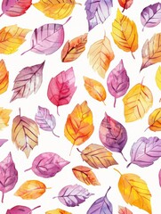 A vibrant painting featuring colorful leaves in various shades like red, orange, and yellow against a clean white background