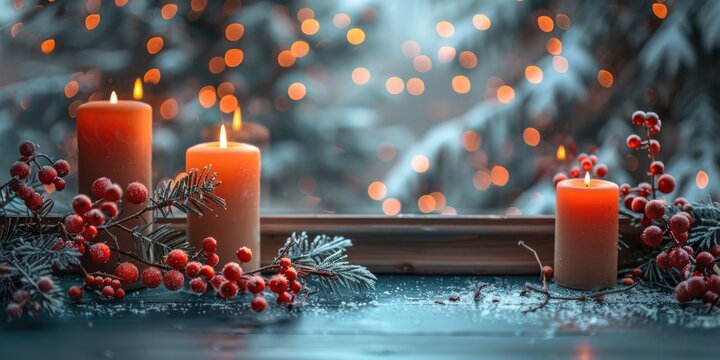 Three lit candles sitting next to a window.