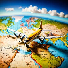 A miniature vintage yellow airplane traveling over a classic world map, depicting international exploration.