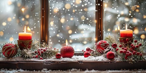 A window sill with christmas decorations and candles.