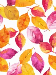 A vibrant painting featuring varied hues of leaves on a stark white backdrop
