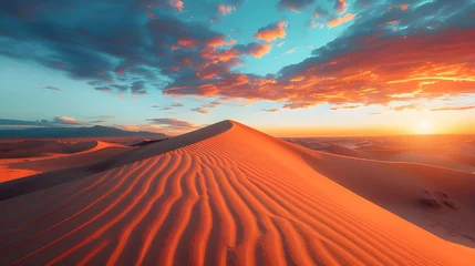 Foto auf Glas Picturesque desert landscape with a golden sunset over the dunes, Desert sunset, Ai Generated  © Hamid