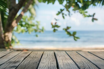 Naklejka na ściany i meble Empty Wooden Planks With Blur Beach And Sea On background