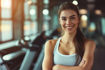 happy attractive sporty fit young woman on blurry gym background, fitness and health concept, sport banner with copy space