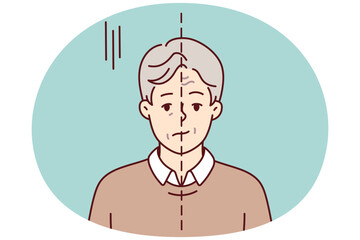 Lonely man smiling and sad at same time experiencing psychological problems. Guy with dividing line on face before and after going to psychologist or taking antidepressants. Flat vector design