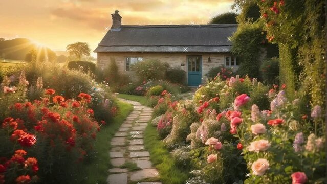 old house with flowers, background, 4k, animation video,Seamless looping, footage, generative ai