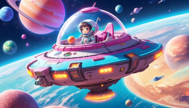 A young pilot joyfully navigates a colorful spacecraft in orbit, surrounded by a vast array of planets and moons in a lively cosmic setting. © video rost