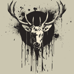 illustration in the style of tattoos of a deer on a background of a black sun with smudges of paint.