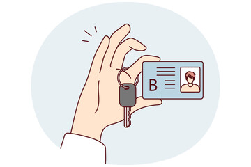 Category B car license with photo and truck ignition key in person hand. Guy boasts of drivers documents confirming completion of course in driving vehicle. Flat vector illustration