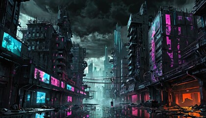 Neon-lit waterways meander through a sprawling cyberpunk metropolis, with towering structures casting reflections on the calm surface