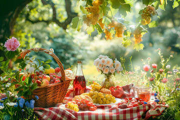 Beautiful picnic scene with food basket