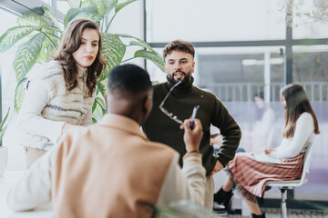 Multi-generational colleagues strategize for business growth and discuss project details in an indoor office.