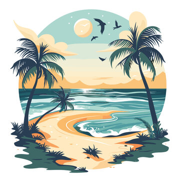 Illustration of a Beach Scene with Palm Trees and Seagulls