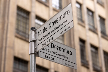 Placa de sinalização da famosa rua 15 de Novembro, centro histórico de São Paulo