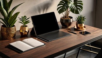 A sophisticated home office setup with a tablet, laptop, smartphone, and stylish golden accents on a dark wood table