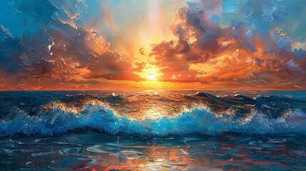Textured Sunset Seascape Painting - obrazy, fototapety, plakaty